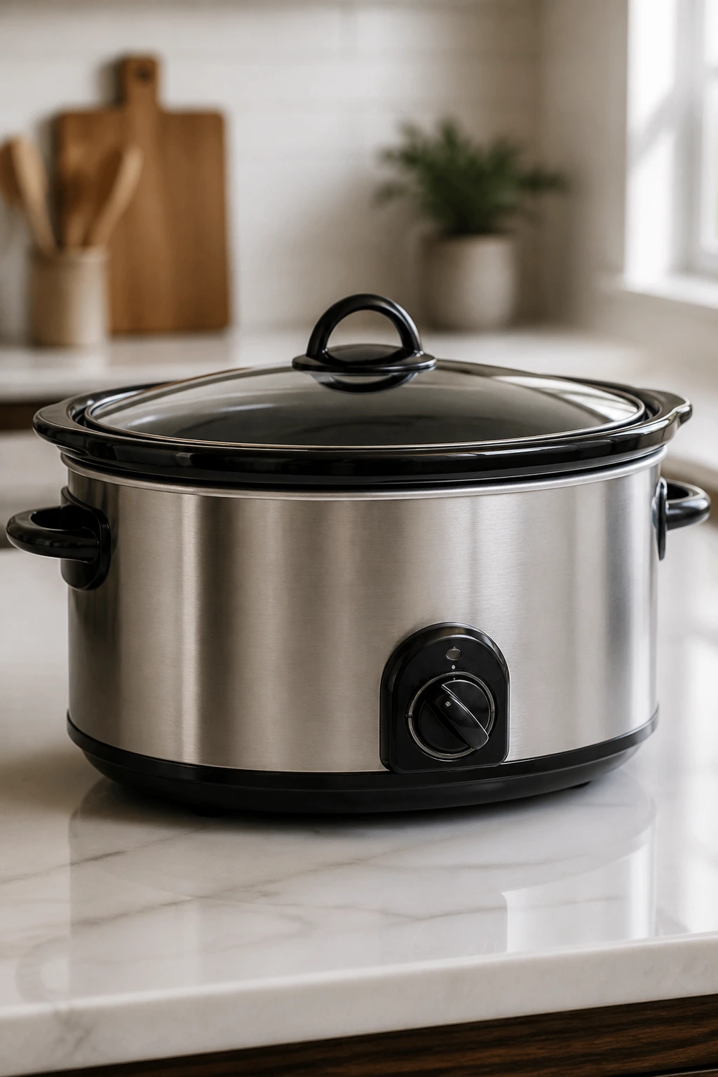 Close-up of a slow cooker as essential equipment on a counter