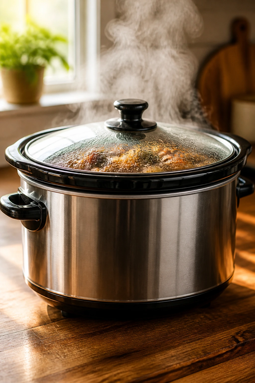 Close-up of a 6-quart slow cooker on a kitchen counter.
