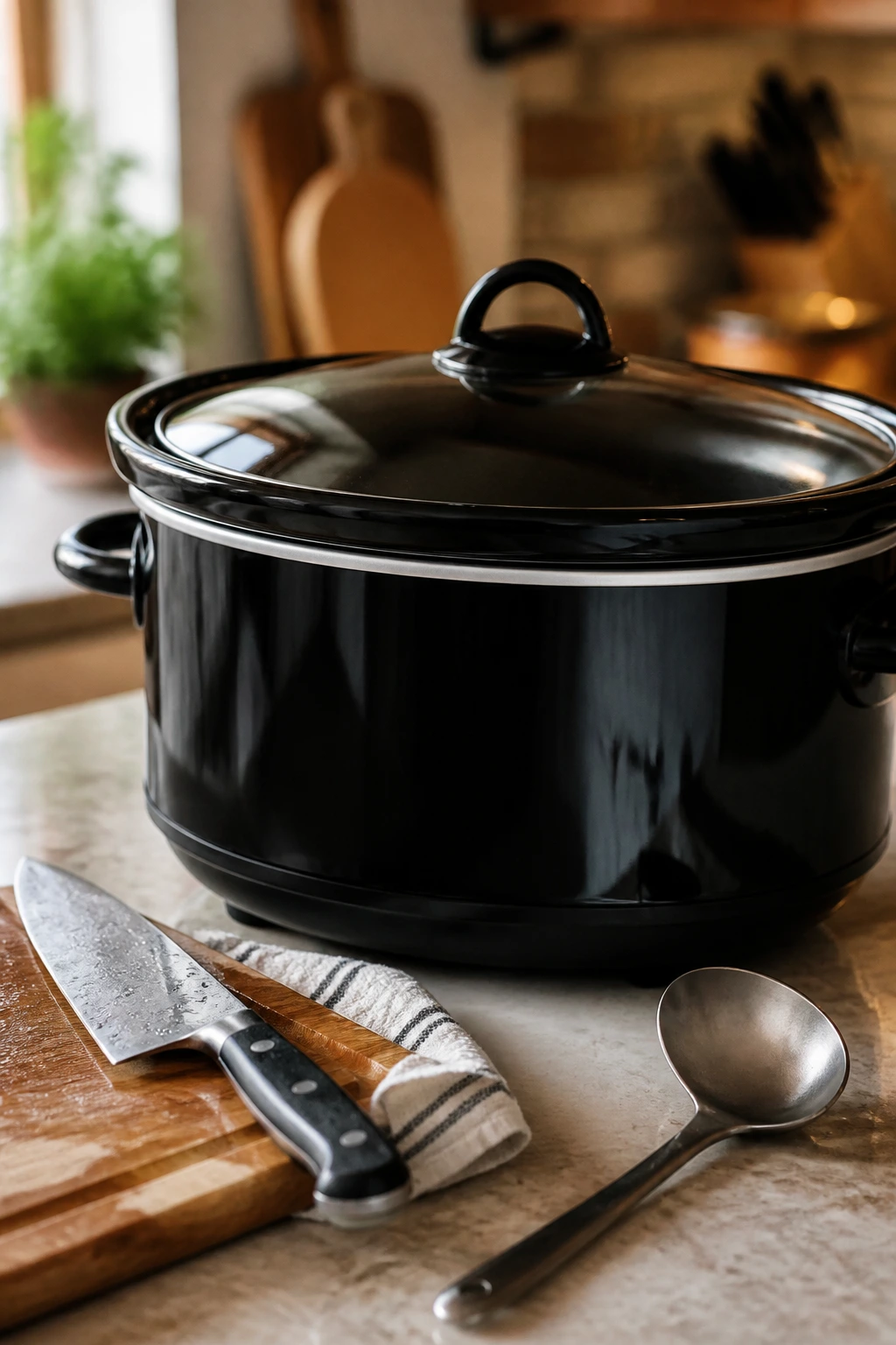 Close-up of a 6-quart slow cooker with essential kitchen tools in a home kitchen