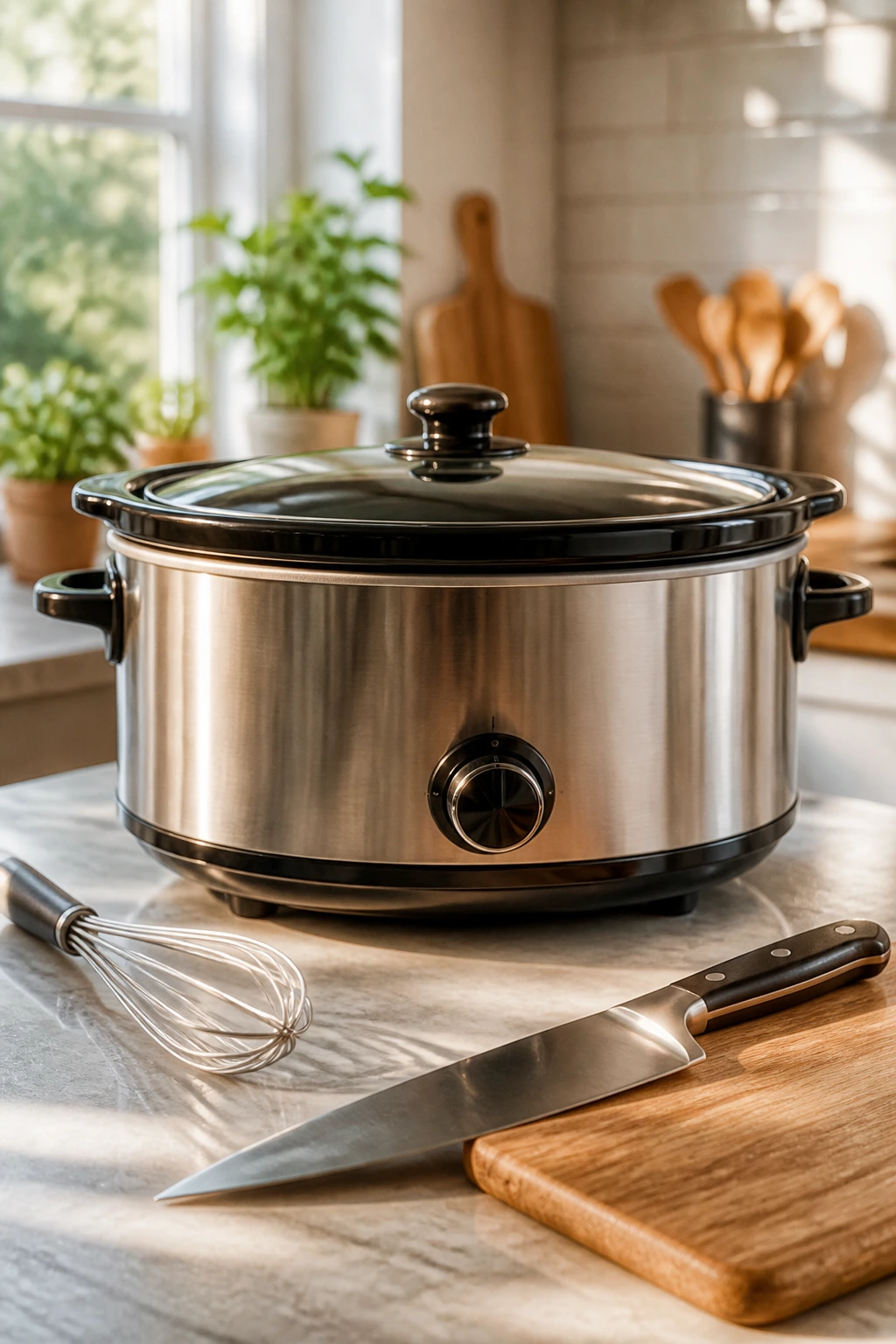 Close-up of a 6-quart slow cooker with essential kitchen tools in a cozy home kitchen