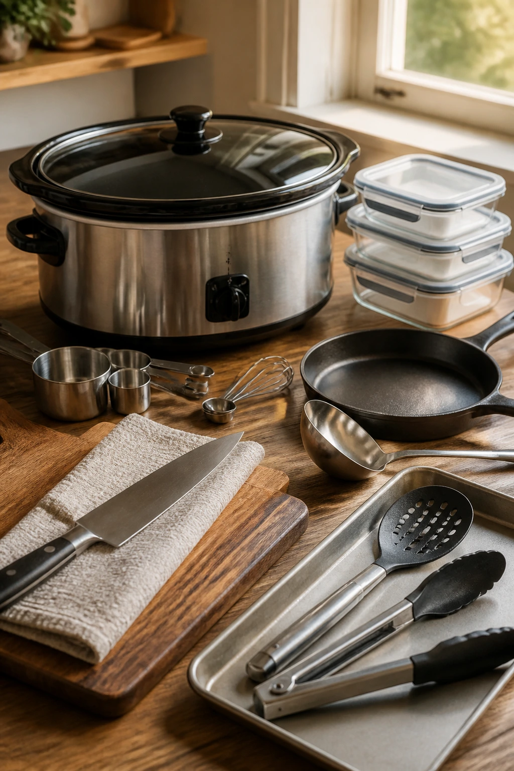 Close-up of essential slow-cooking equipment arranged on a kitchen counter
