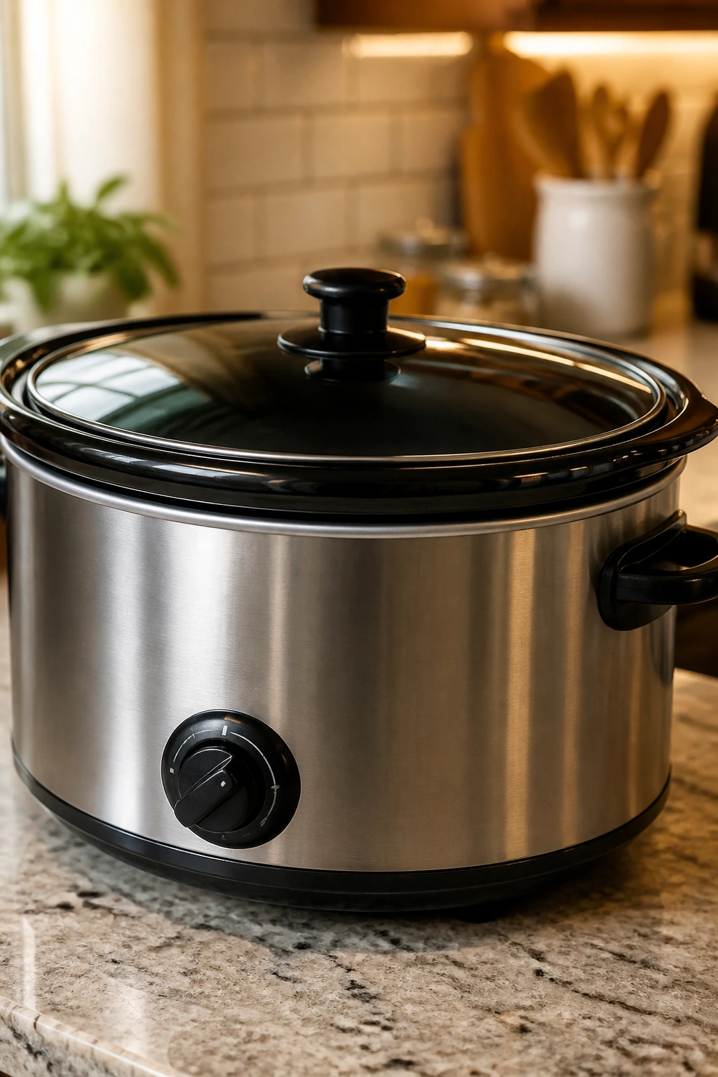 Close-up of a 6-quart slow cooker as essential kitchen equipment