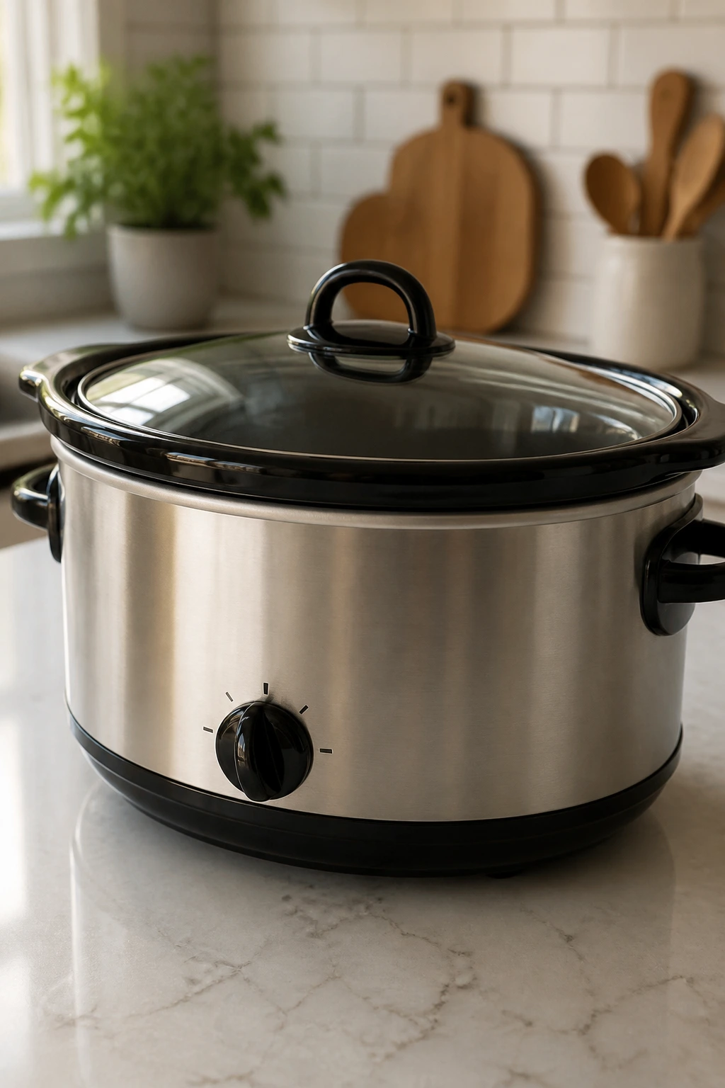 Close-up of a 5-6 quart slow cooker on a kitchen counter
