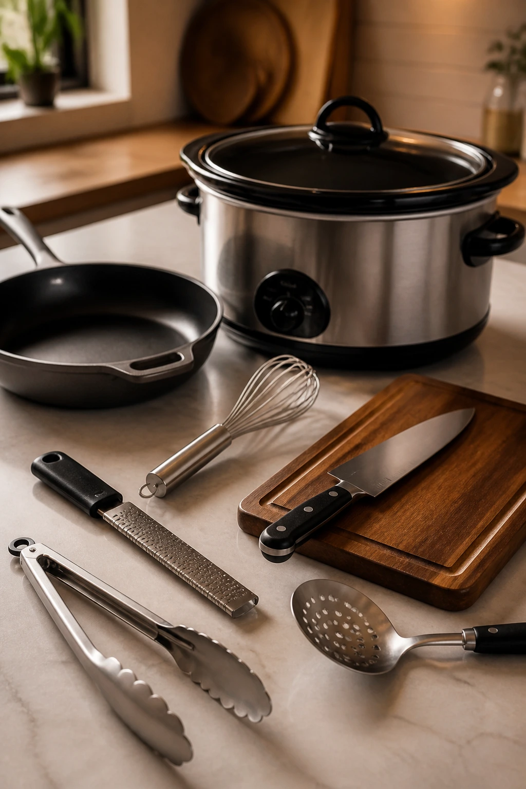 Lineup of essential slow cooker tools on a kitchen counter