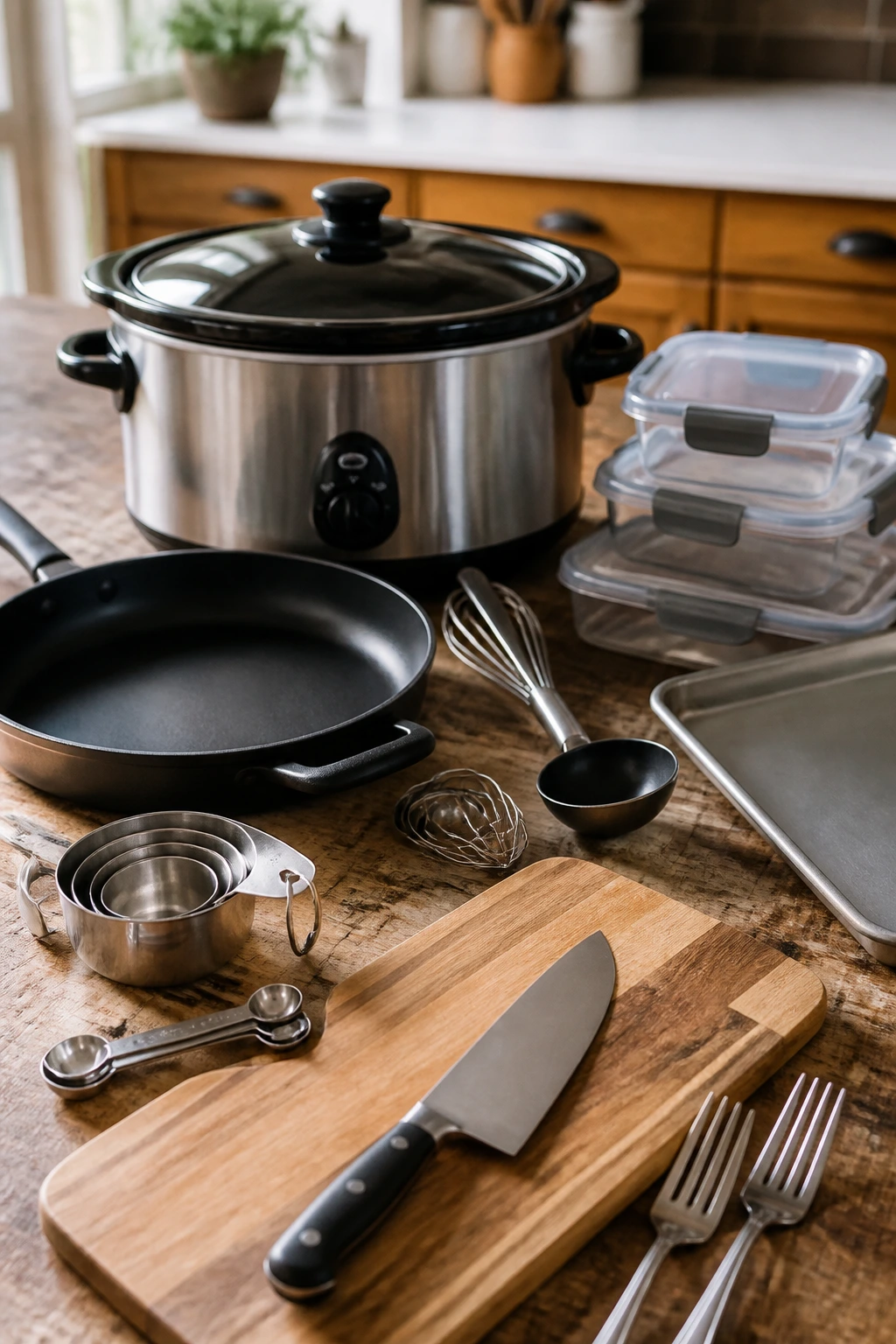Close-up of essential kitchen equipment on a wooden counter