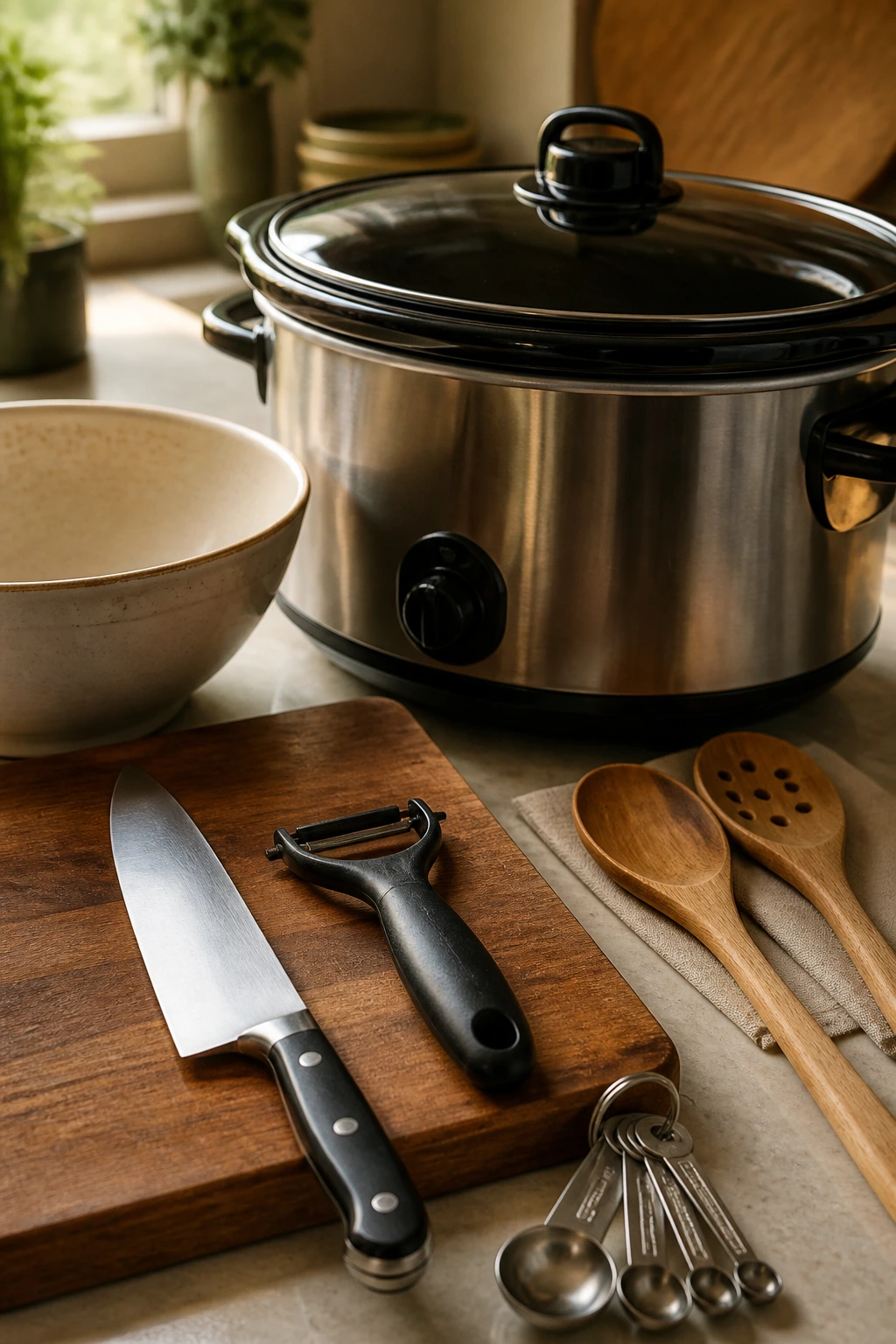 6-quart slow cooker with prep tools arranged nearby.