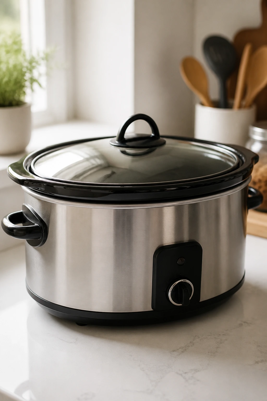Close-up of a 6-quart slow cooker on a clean kitchen counter