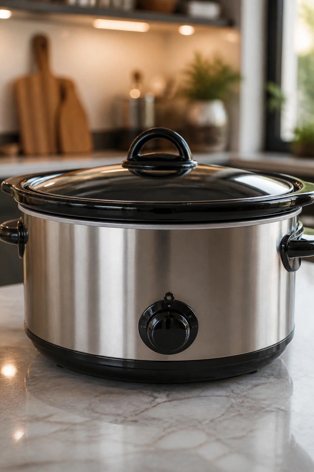 Close-up of a slow cooker centered on a kitchen counter