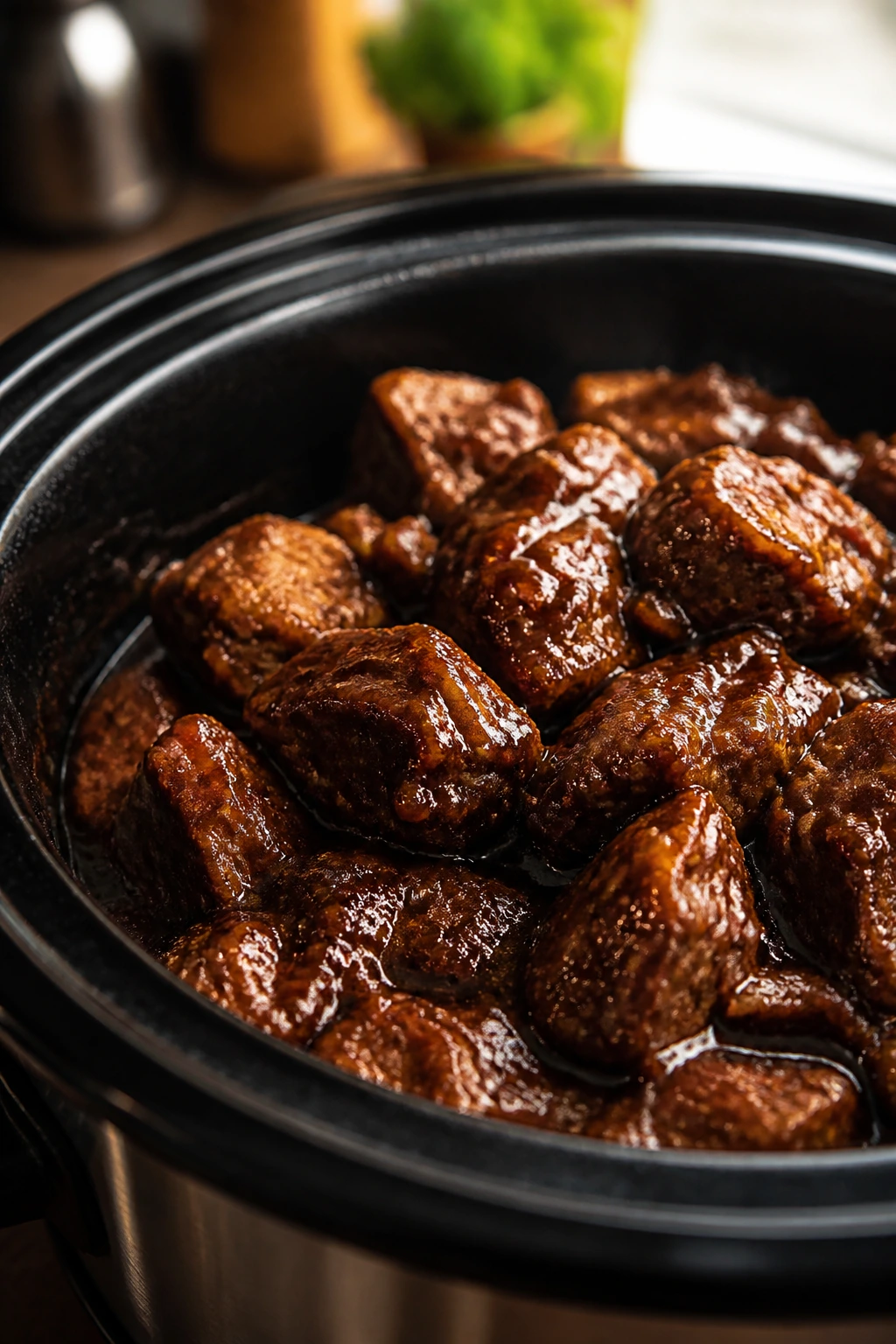 Close-up of glossy slow-cooked meat in a crockpot, showcasing tender texture and glaze