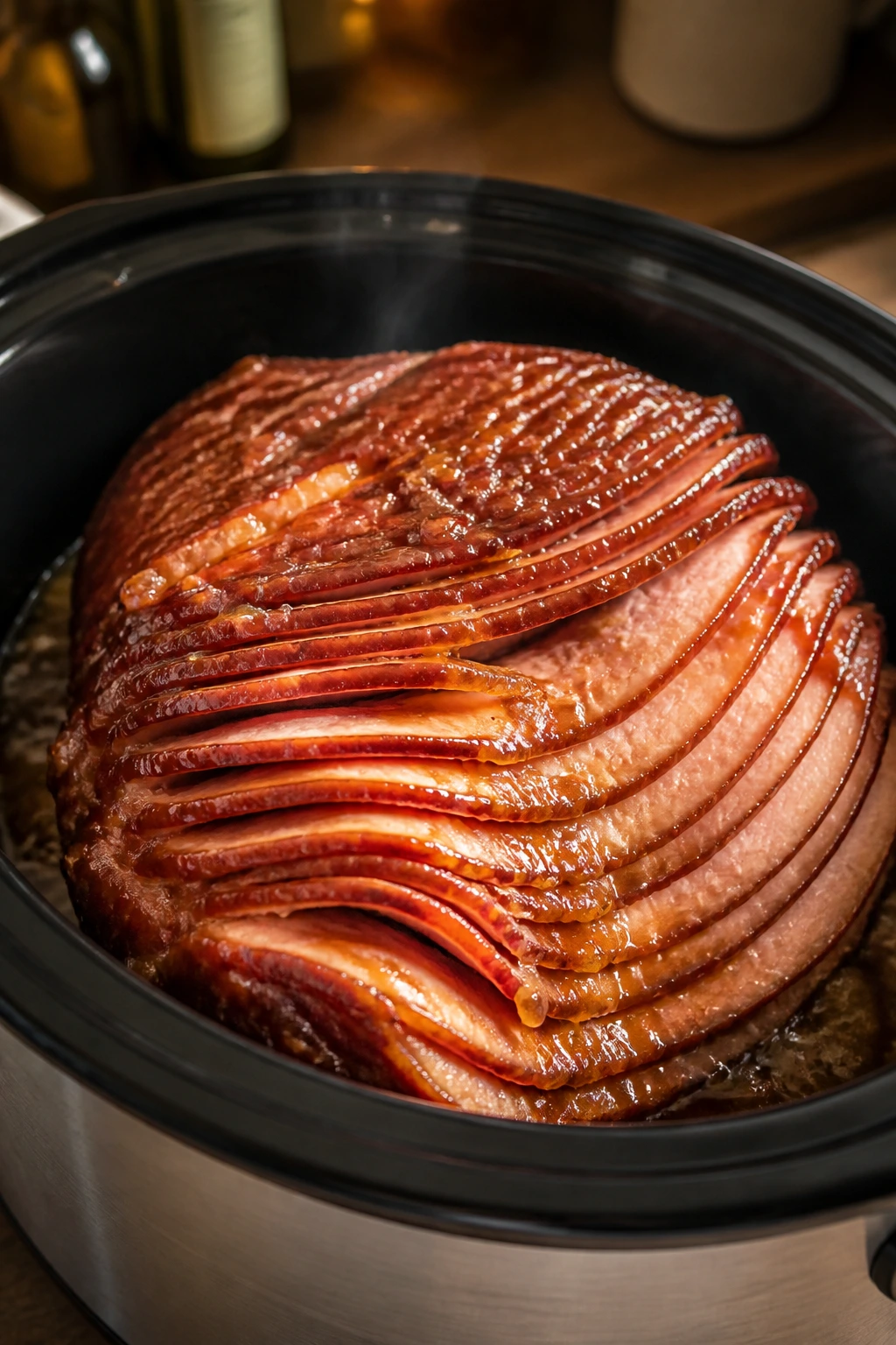 Close-up of spiral-cut ham in a slow cooker with glossy glaze in a warm kitchen