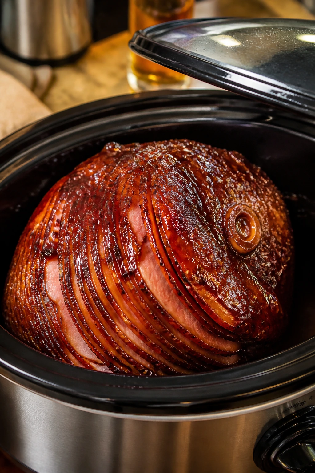 Close-up of glossy bourbon-glazed slow cooker ham in warm kitchen