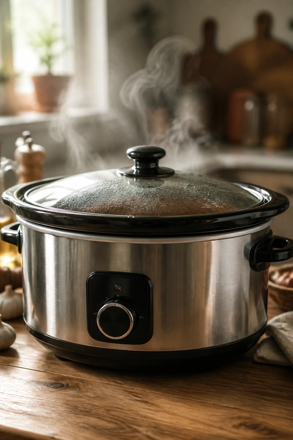 Close-up of a glossy slow cooker on a warm kitchen counter with steam