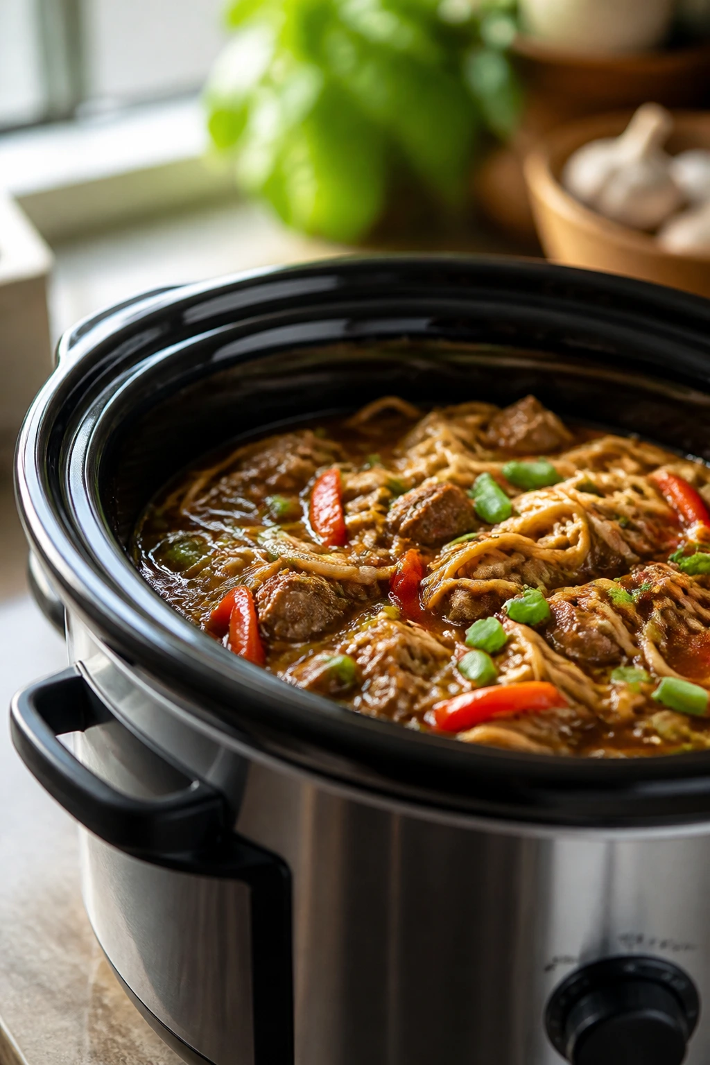 Close-up of a slow cooker on a kitchen counter with a glossy braising liquid visible in the insert.