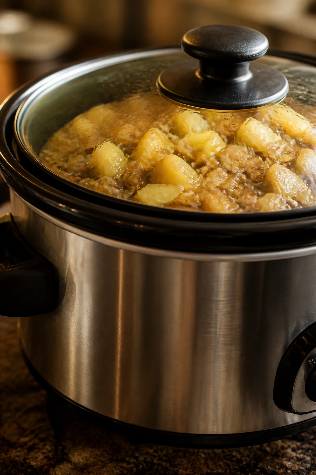 Slow cooker on a kitchen counter in a warm home setting