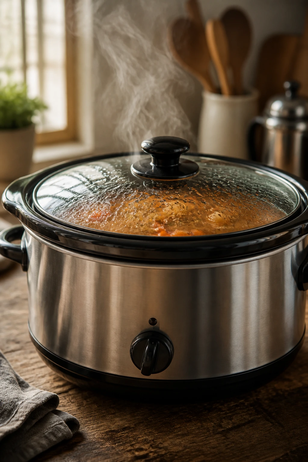 Slow cooker steaming on a wooden kitchen counter, representing a practical crockpot soup collection.