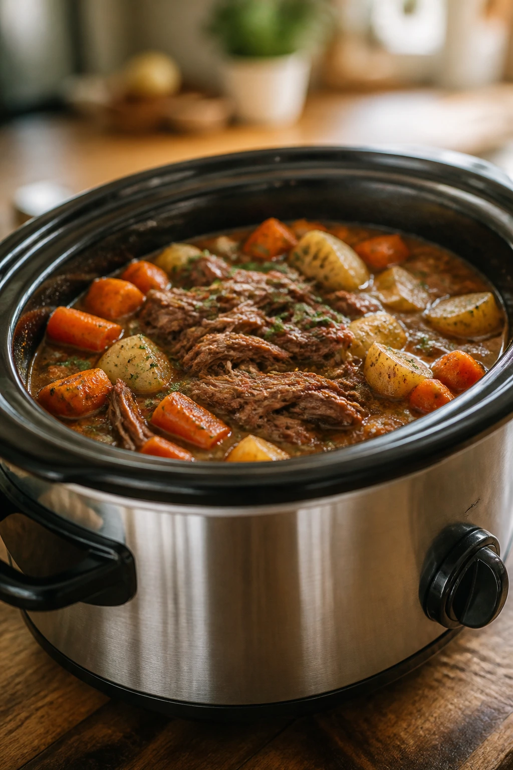 Slow cooker on a warm kitchen counter ready for busy weeknights