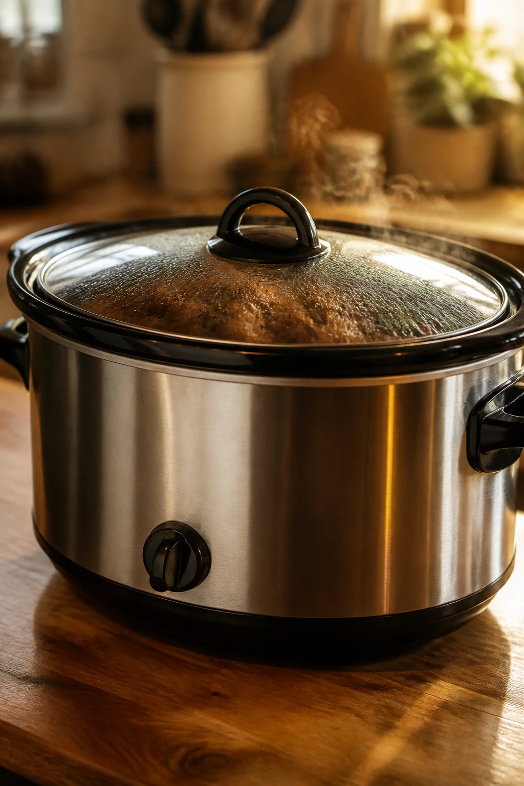 Stainless steel slow cooker on kitchen counter with gentle steam