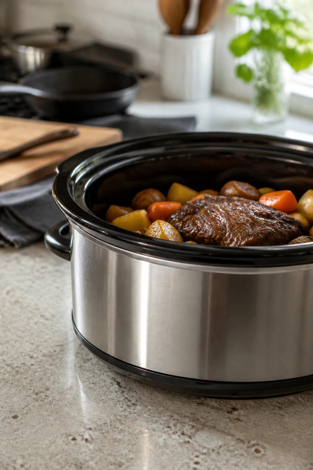 6-quart slow cooker on kitchen counter with prep tools nearby