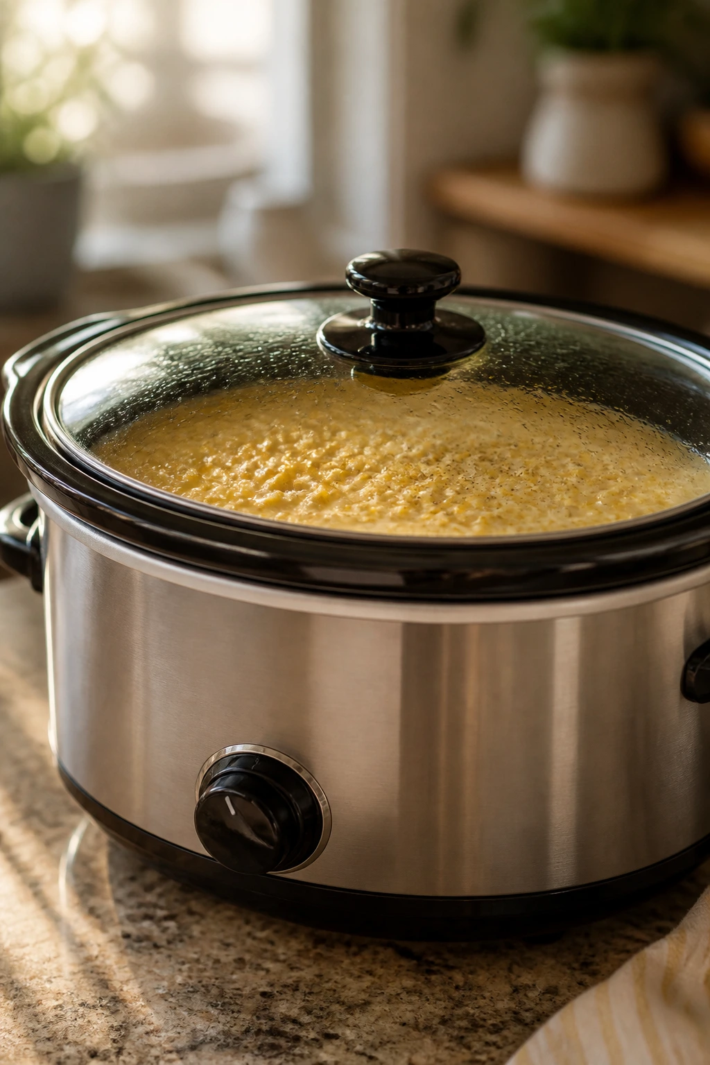 Front view of a slow cooker on a kitchen counter