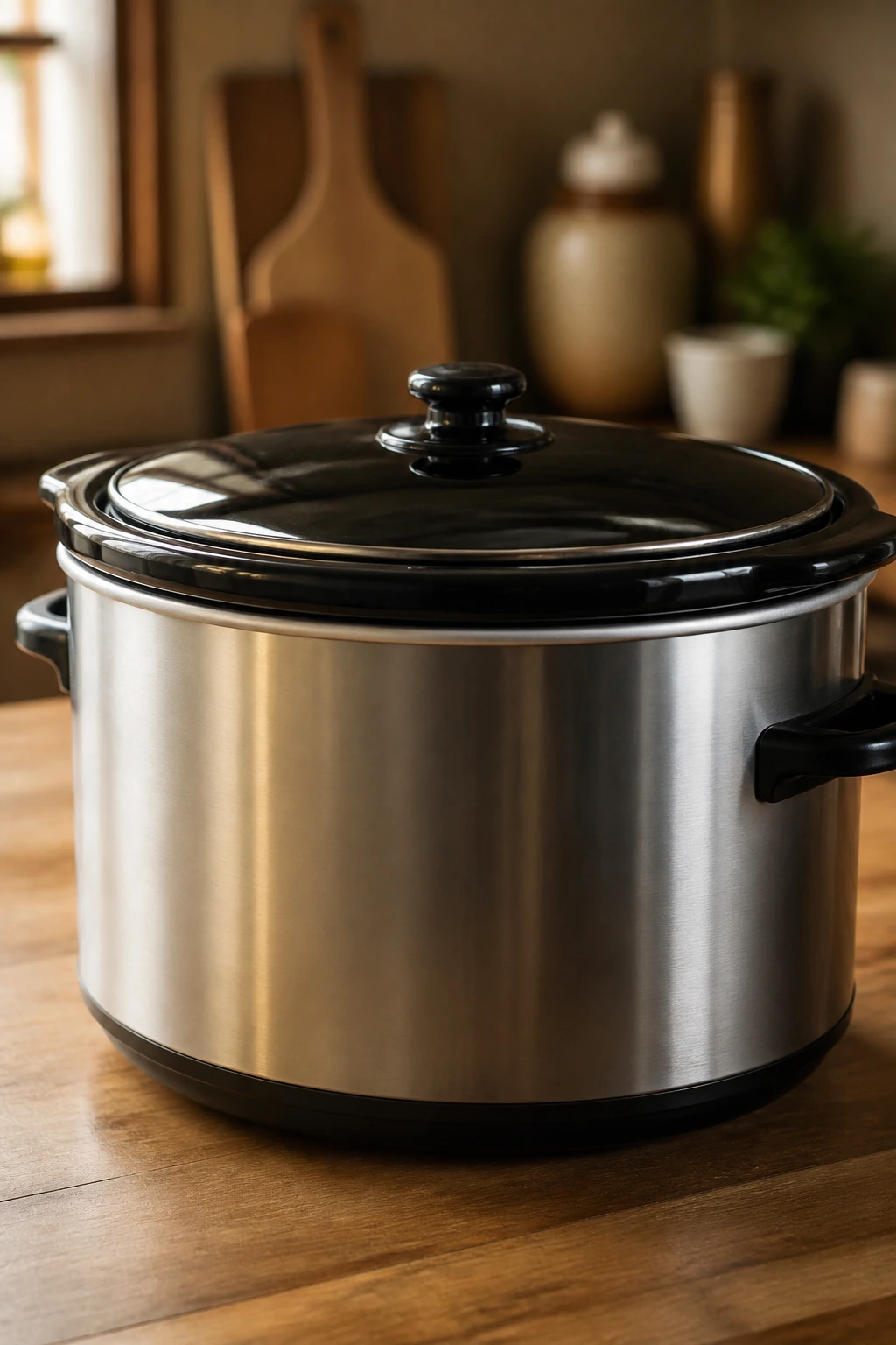 Close-up of a 6-8 quart slow cooker on a warm kitchen counter