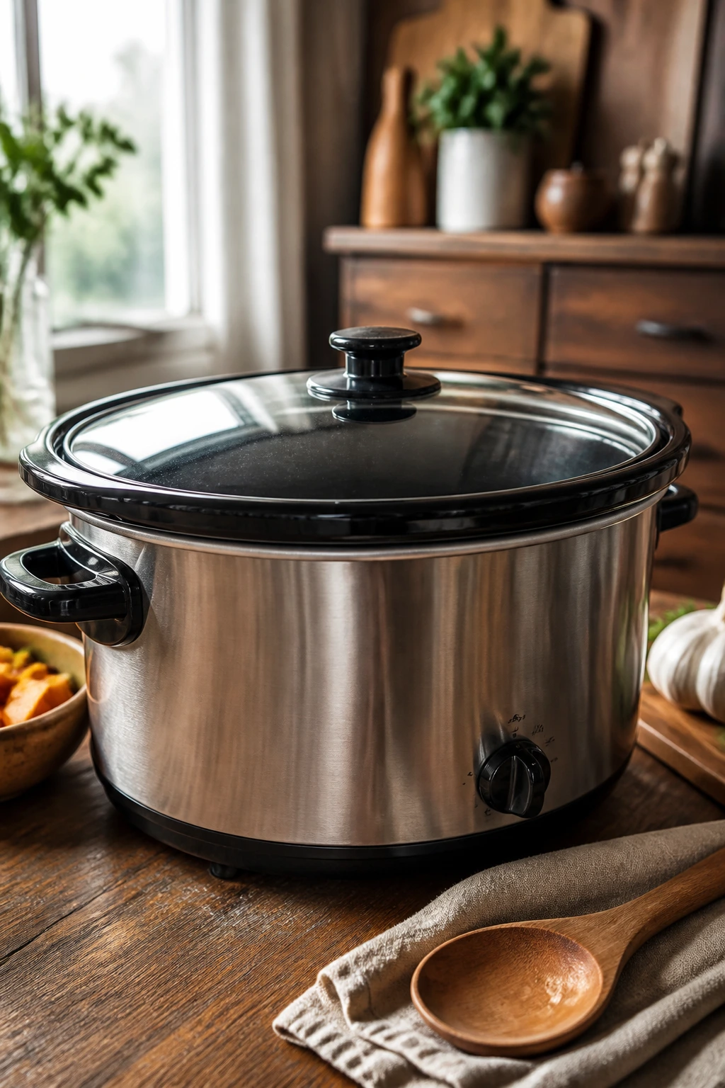 Close-up of a 6-quart slow cooker on a warm kitchen counter