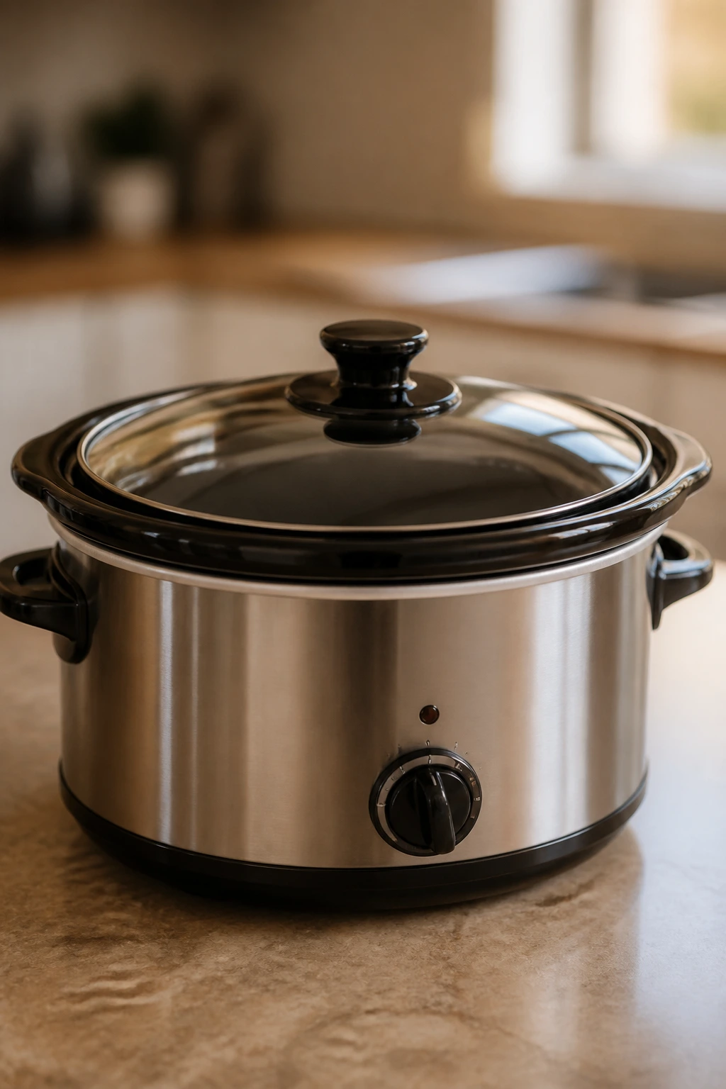 Slow cooker on kitchen counter as essential kitchen equipment