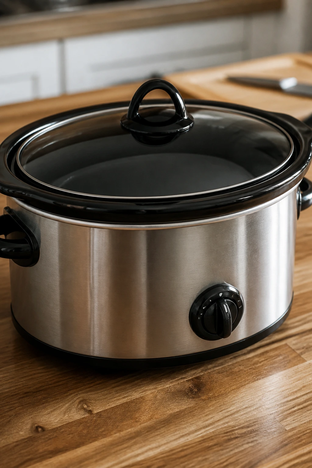 Close-up of a 6-quart slow cooker on counter