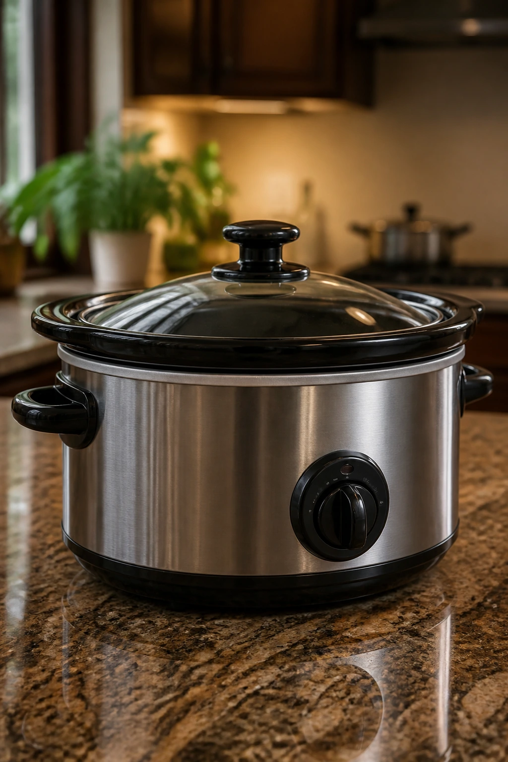 Close-up of a 5-6 qt slow cooker on a kitchen counter, essential equipment.