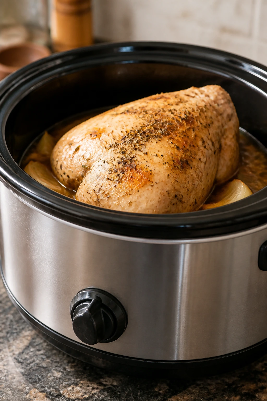 Slow cooker with turkey breast on kitchen counter