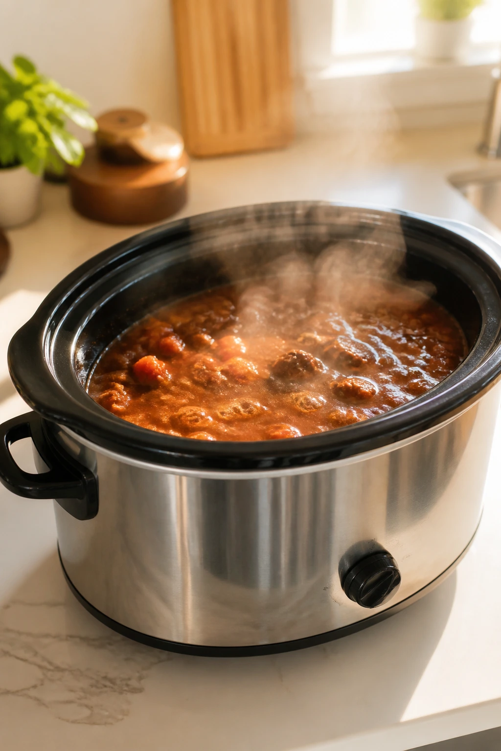 Close-up of a glossy slow cooker with bubbling sauce in a sunlit kitchen