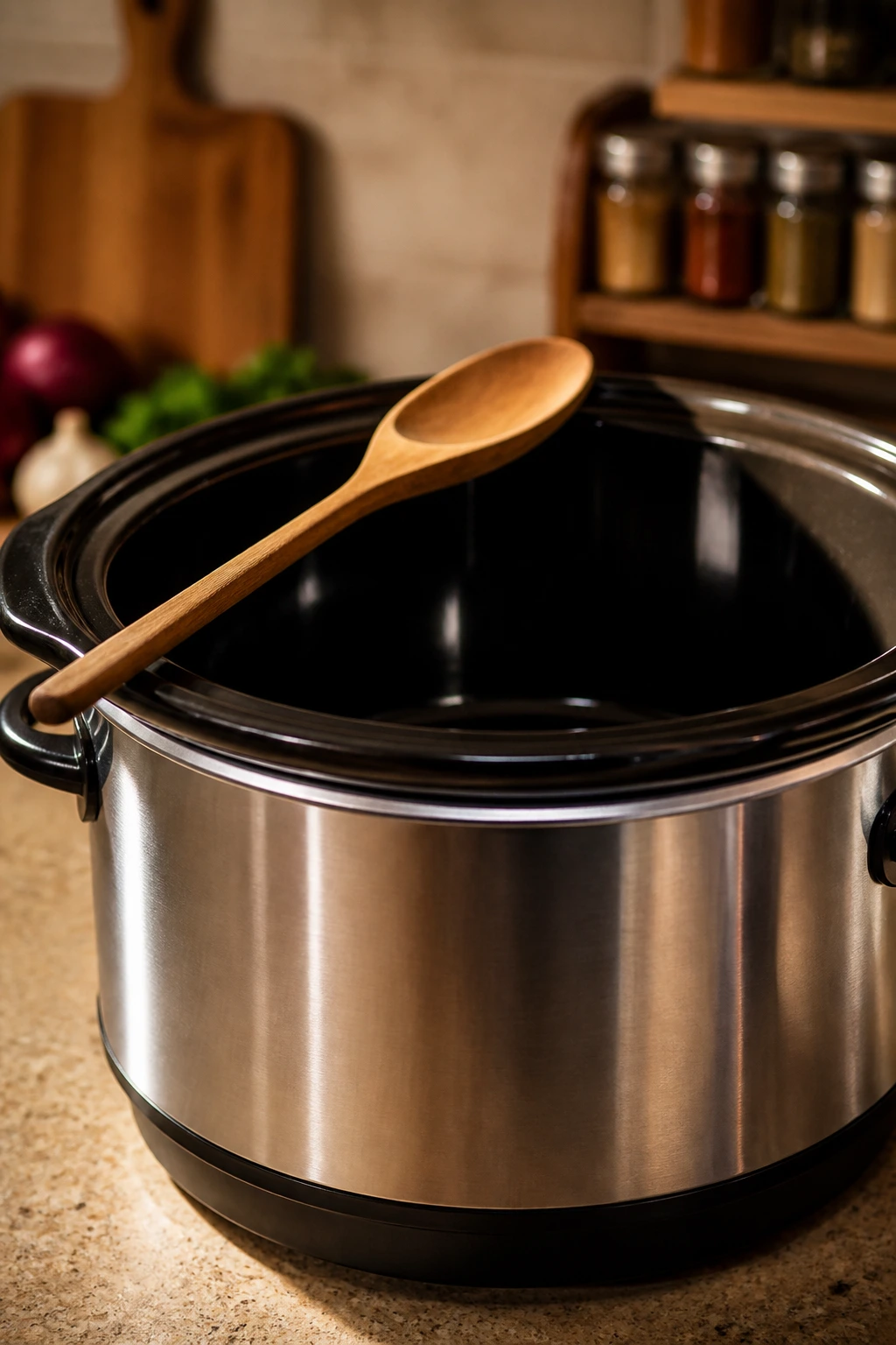 Close-up of a 6-quart slow cooker on a kitchen counter with wooden spoon.