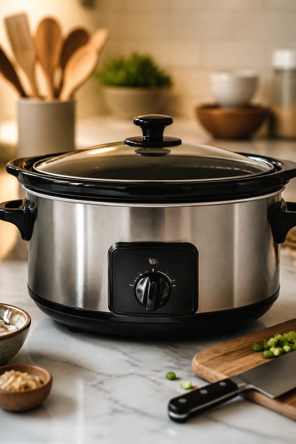 Slow cooker on kitchen counter with blurred utensils in background