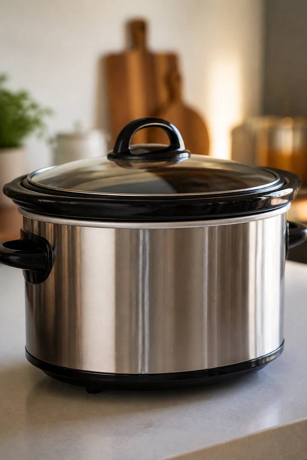 Close-up of a 6-quart slow cooker on a kitchen counter