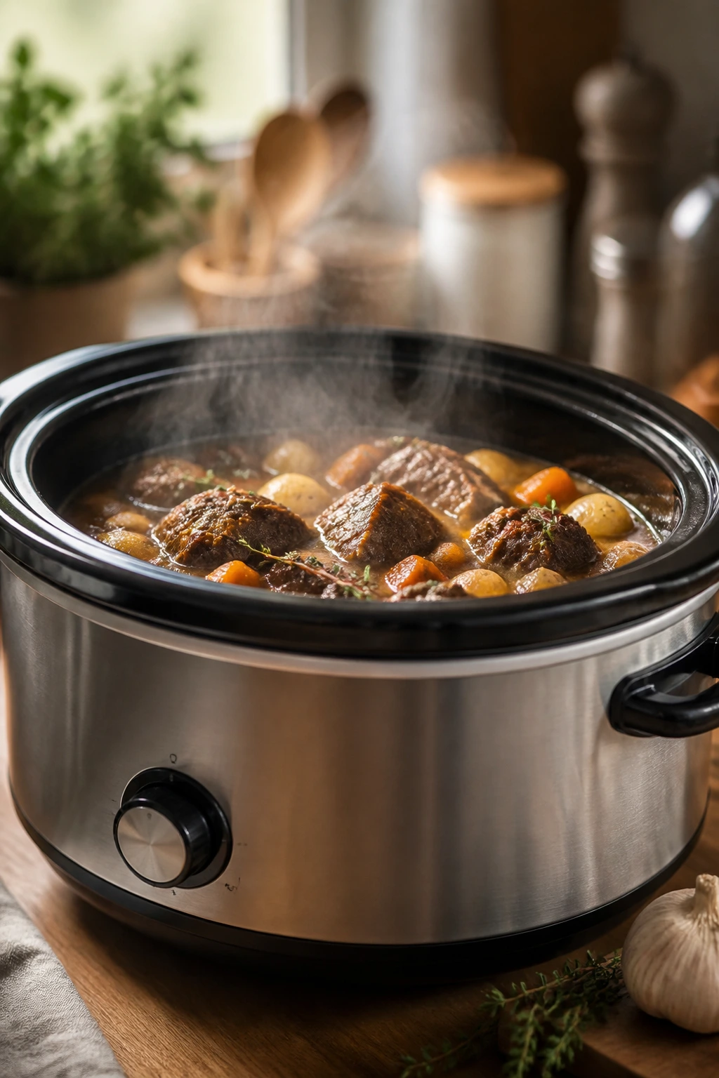 6-quart slow cooker steaming on a kitchen counter