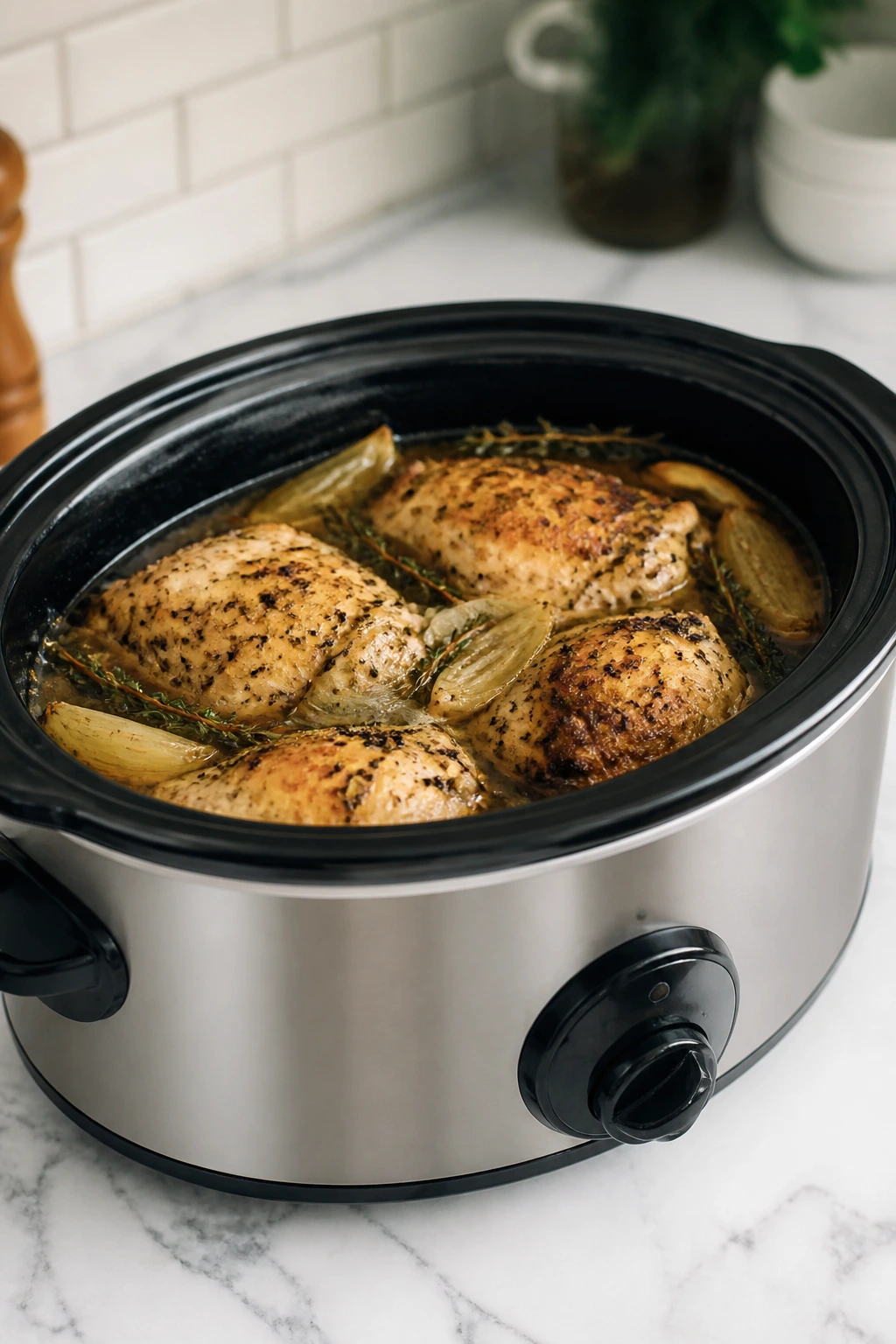 Slow cooker with turkey thighs inside on a kitchen counter
