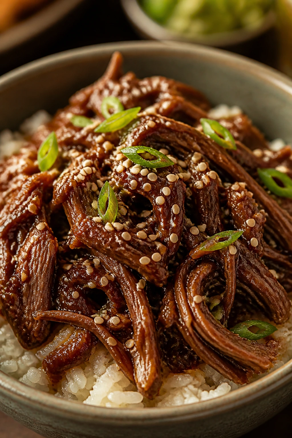 Close-up of glossy Korean beef over white rice in a bowl