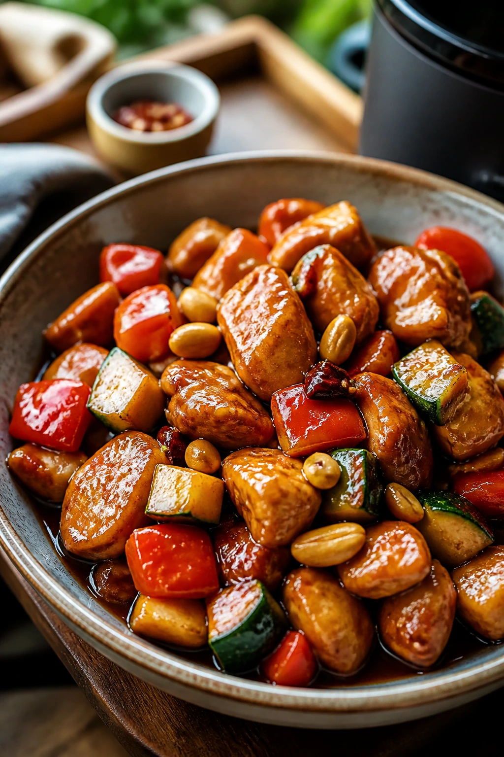 Close-up of Slow Cooker Kung Pao Chicken with peanuts and vegetables in a glossy sauce.
