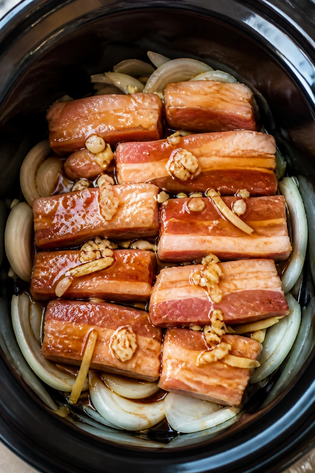 Layered slow cooker interior with aromatics and pork belly ready to braize