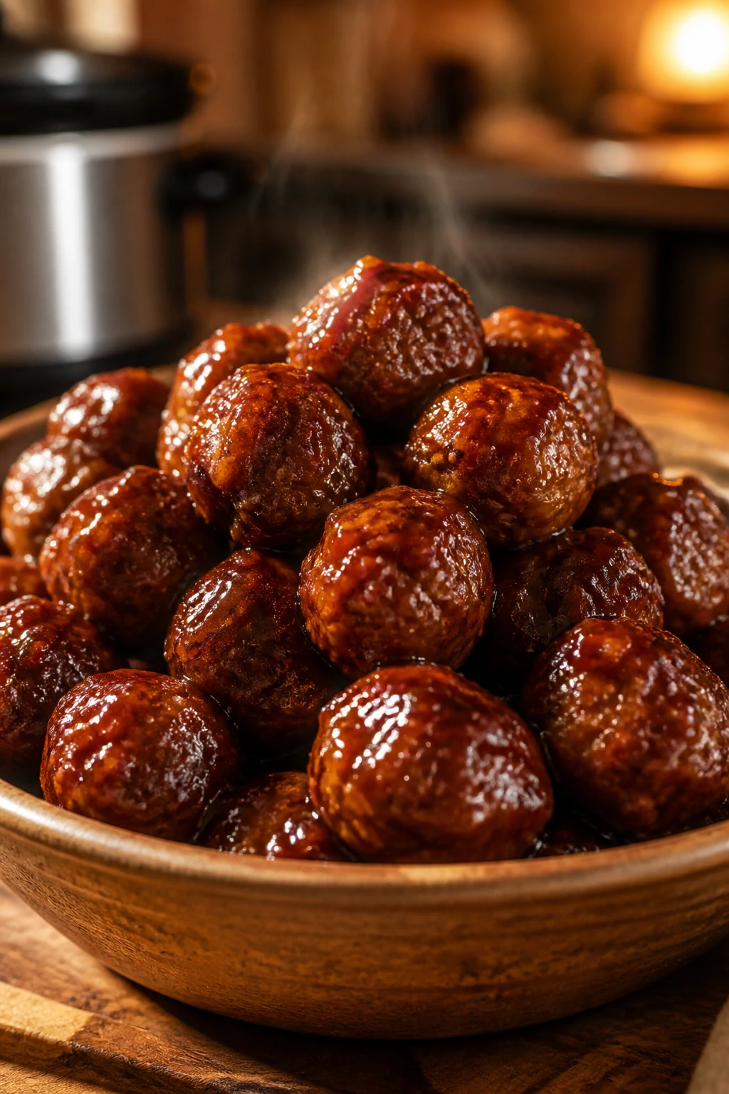 Glossy slow-cooker meatballs in sauce on a warm kitchen counter