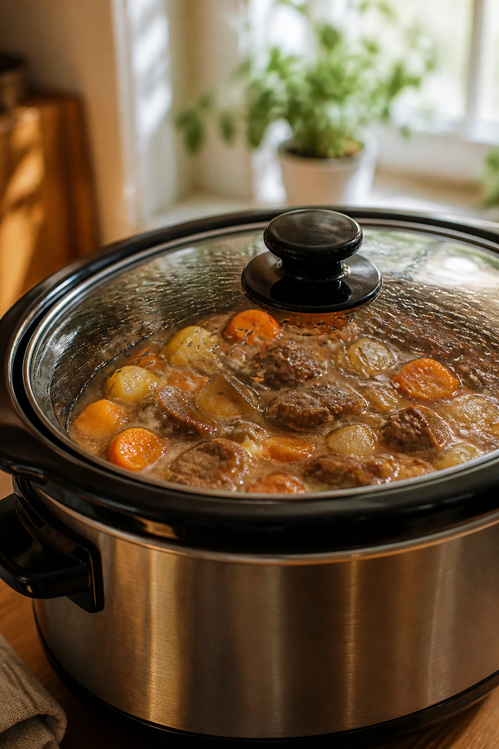 Slow cooker on kitchen counter with stew visible through glass lid.