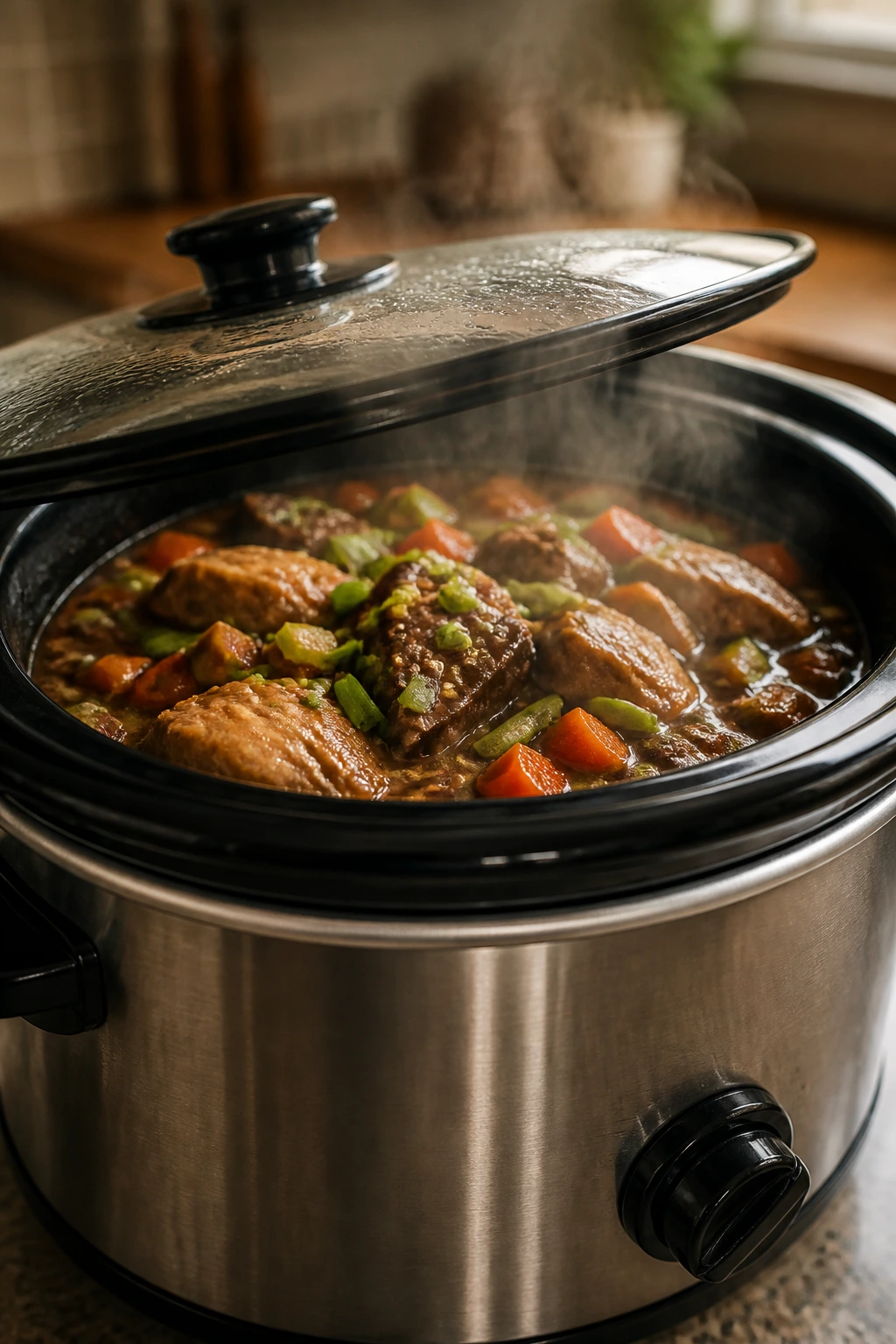 Slow cooker with contents visible and steam rising in a kitchen