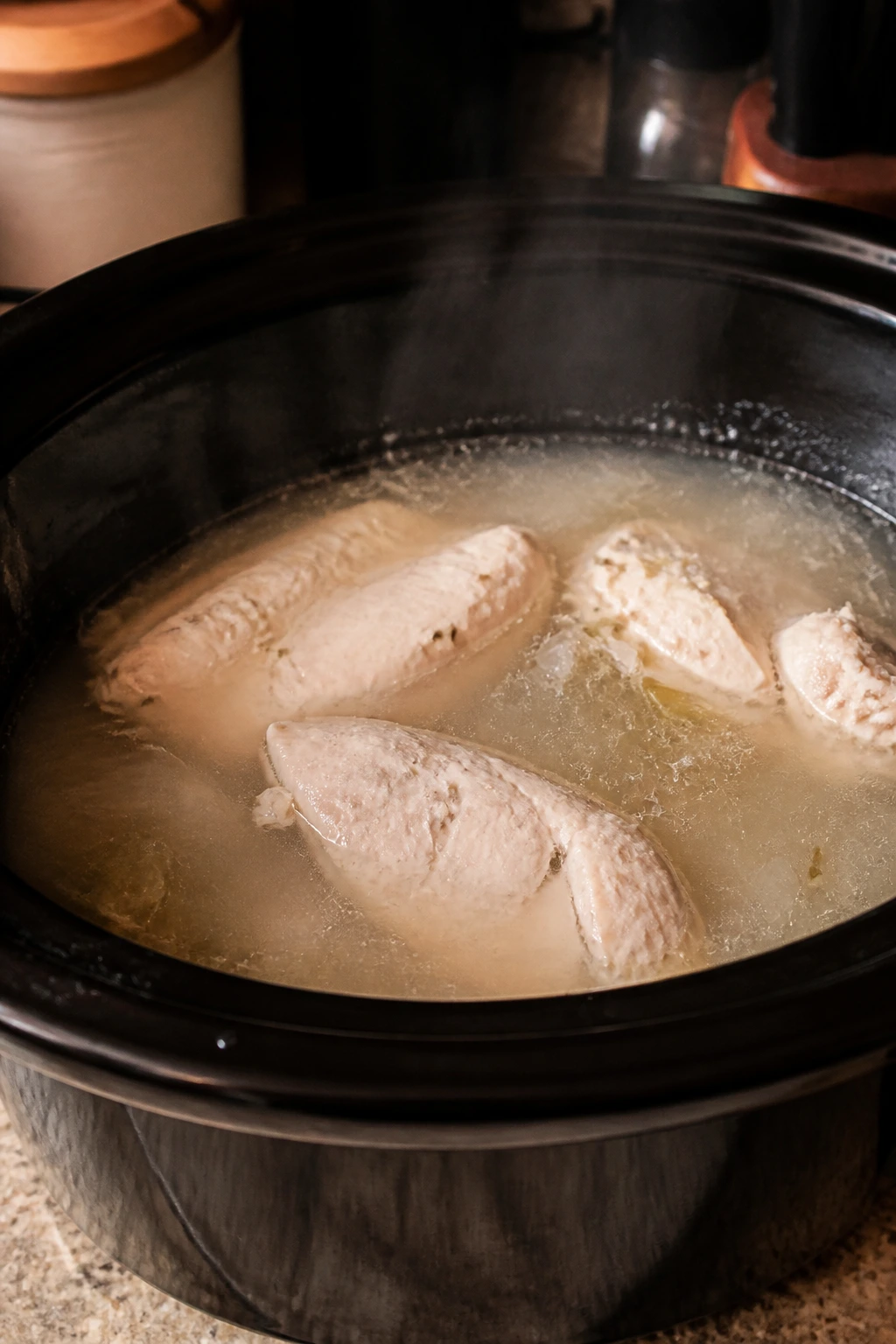 Slow cooker dish with pale sauce and pale meat illustrating a common mistake