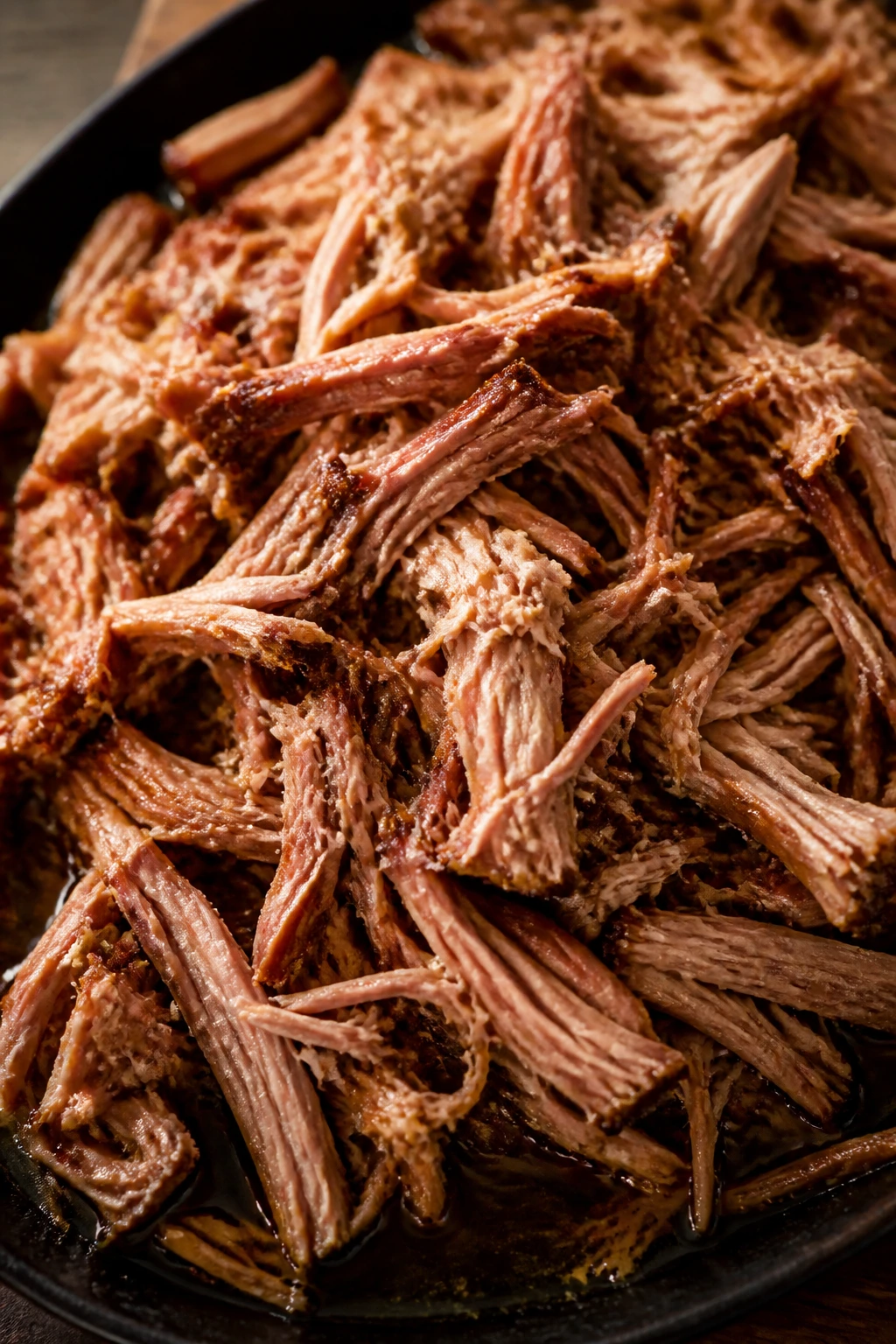 Close-up of shredded tender slow cooker pork on a rustic surface