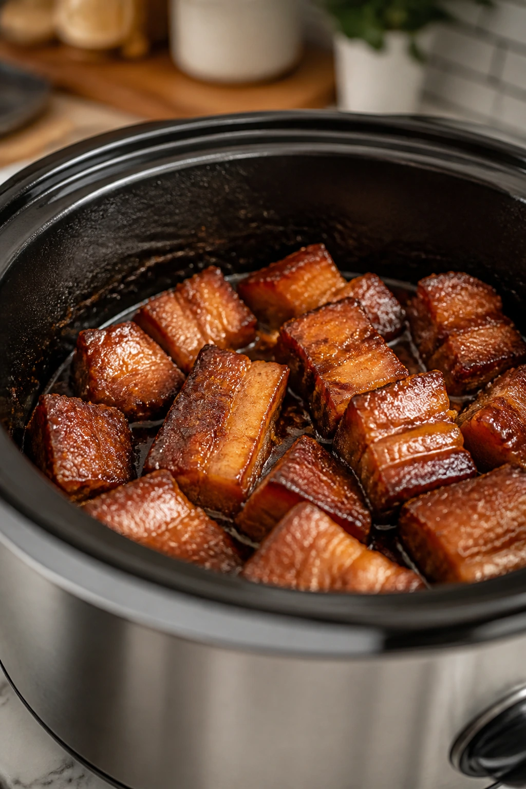 Inner pot with pork belly braise inside a slow cooker