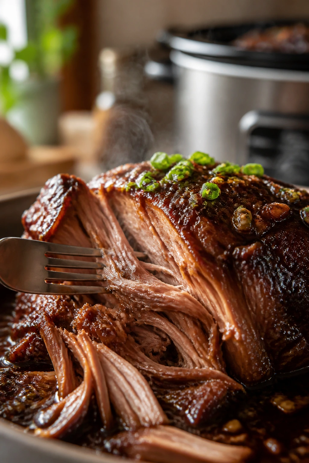 Close-up of fork-tender pork in glossy sauce with steam in a warm kitchen