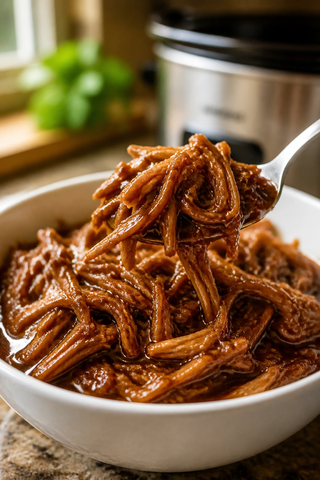 Close-up of glossy shredded pork in amber sauce in a bowl