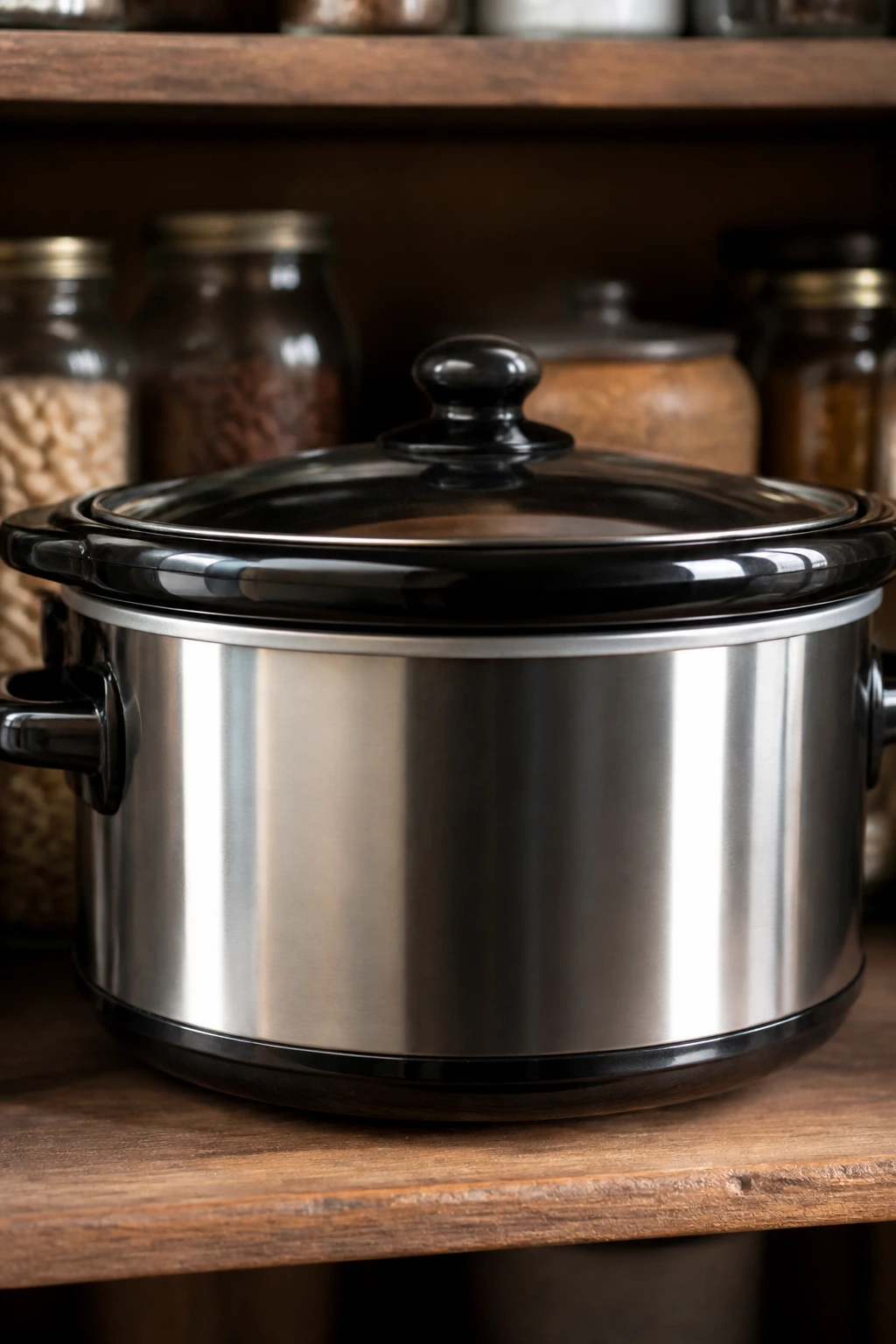 Close-up of a glossy slow cooker pot on a kitchen shelf