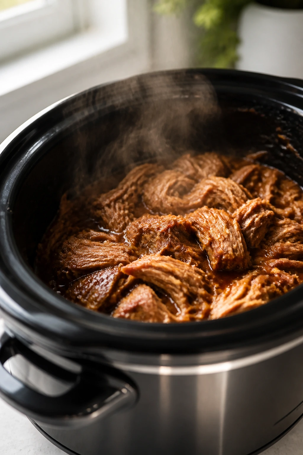 Close-up of a slow cooker pot with steaming meat on a kitchen counter