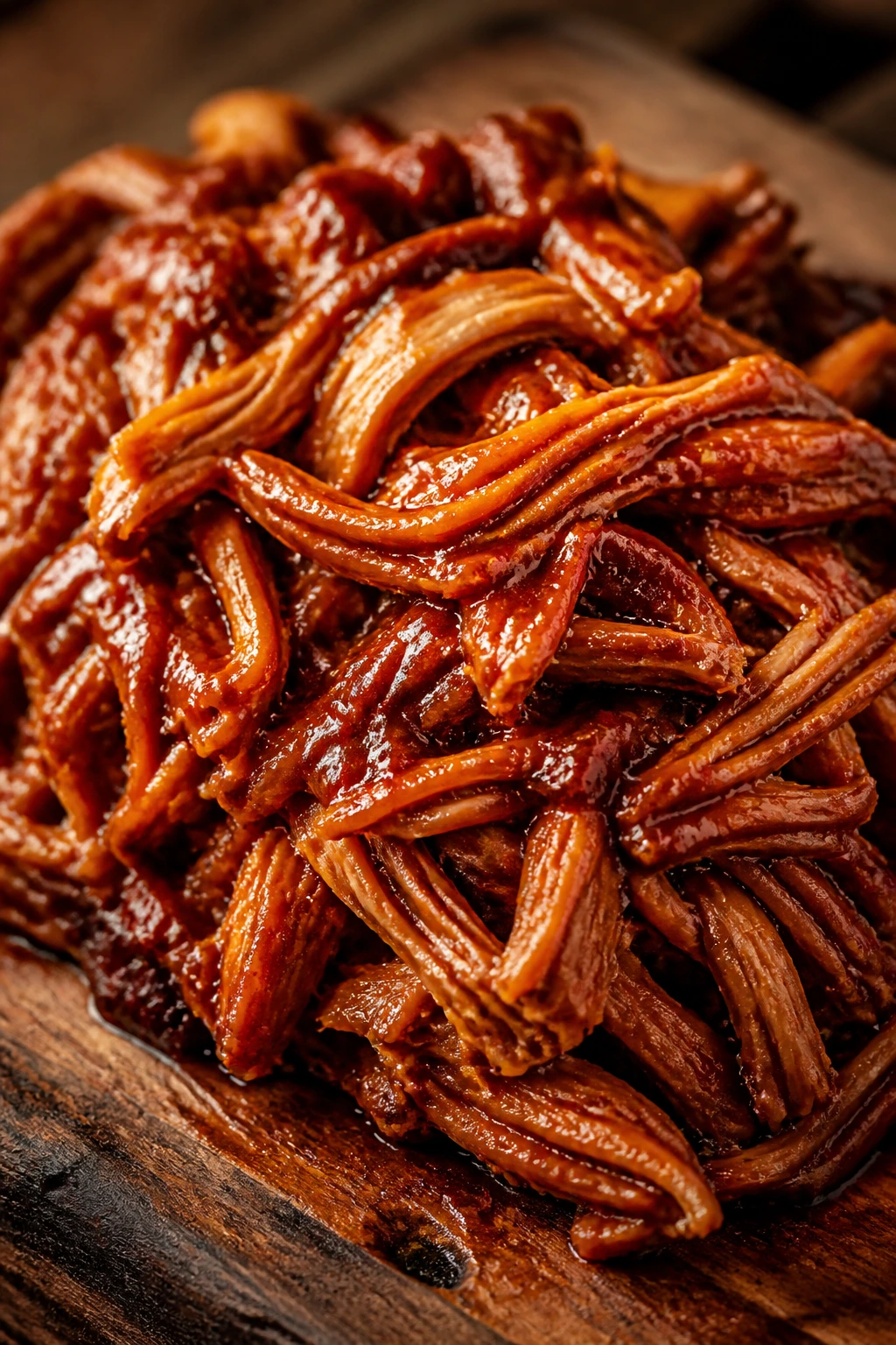 Close-up of glossy smoky BBQ pulled chicken on a wooden surface.
