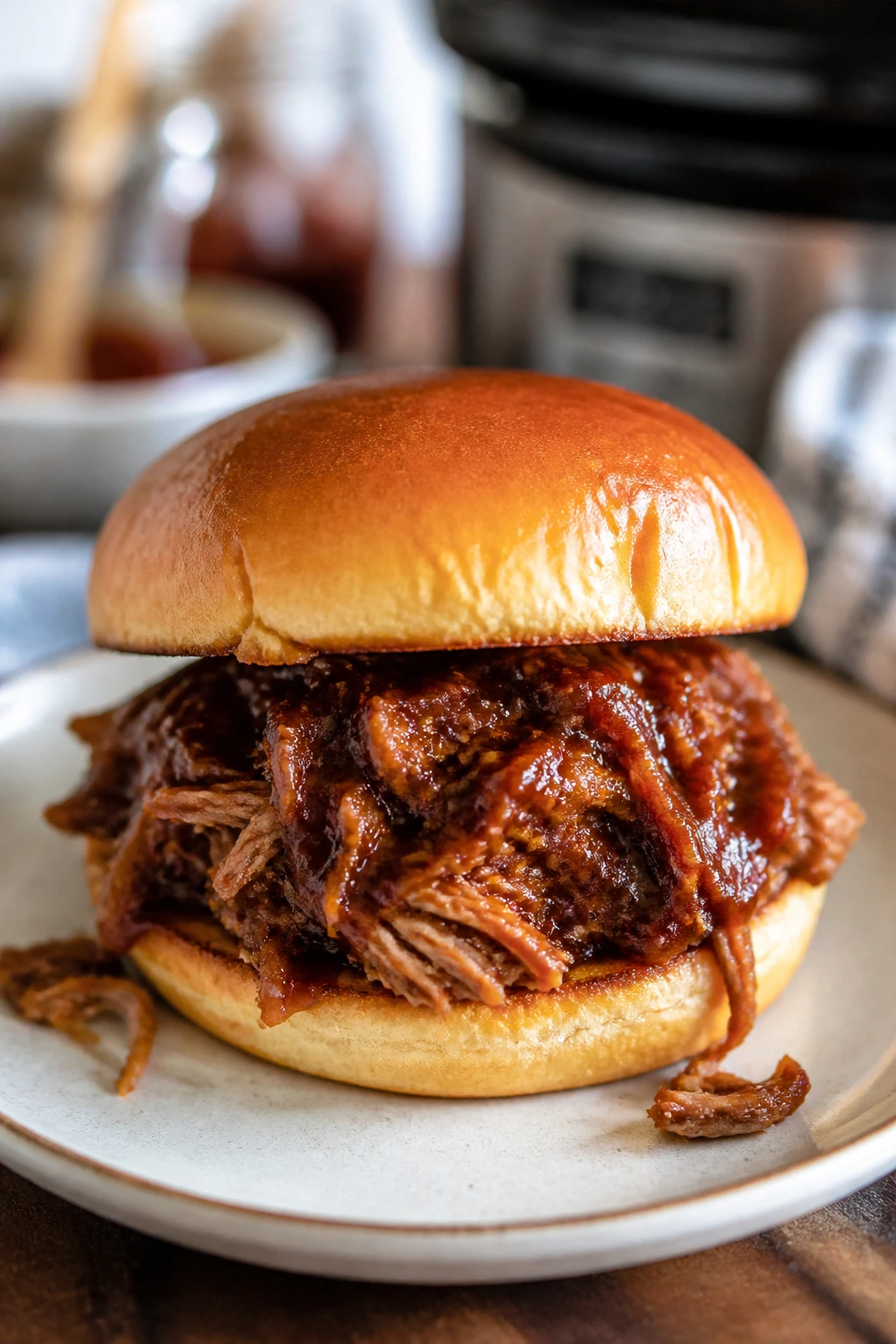 Pulled pork sandwich with BBQ glaze on a bun